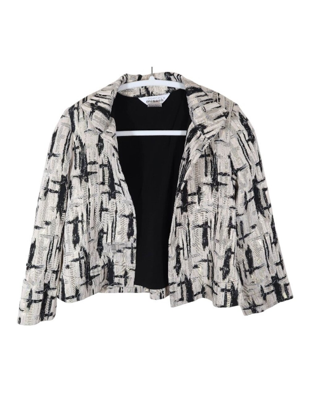 EXCLUSIVELY MISOOK Gold Metallic Ecru Black Abstract Open Front Jacket Size XS